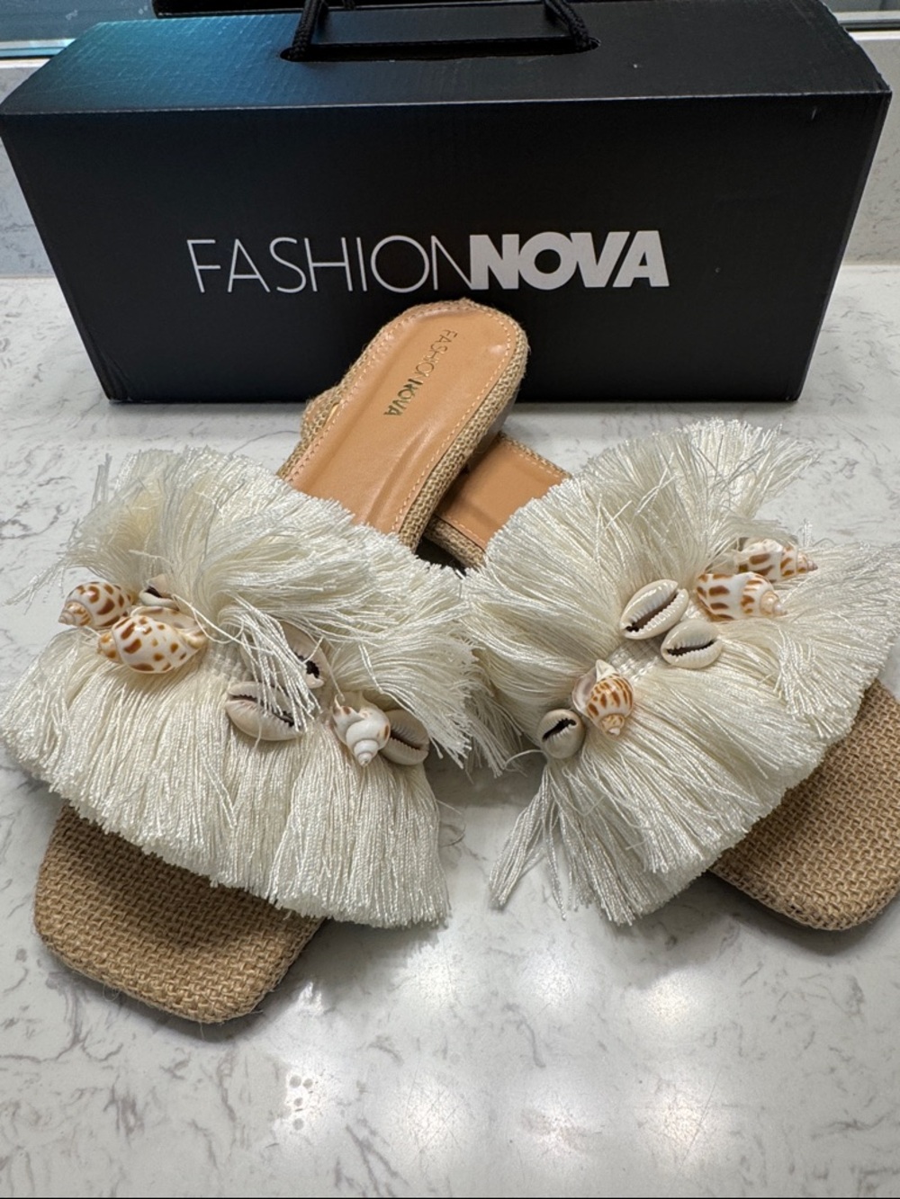 Fashion Nova Ivory Fringe Shell Slide Mules